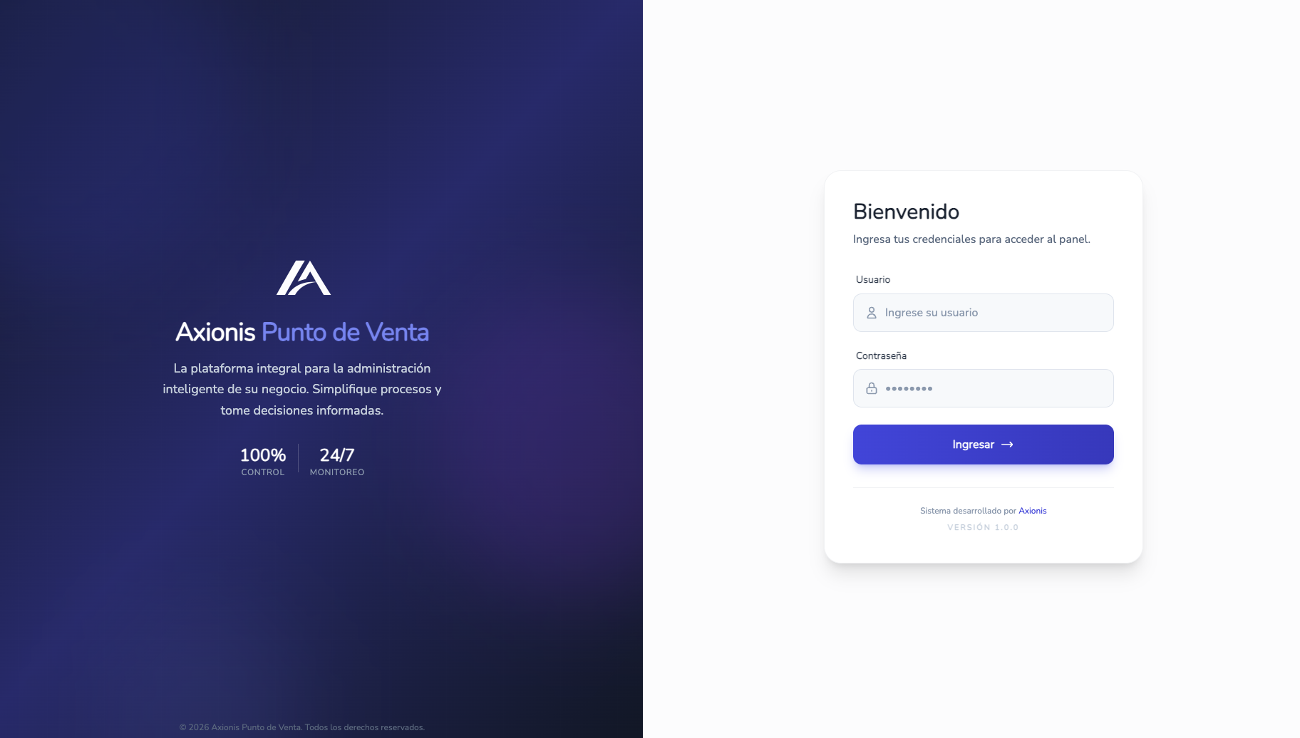 Pantalla de inicio de sesión de Axionis Punto de Venta