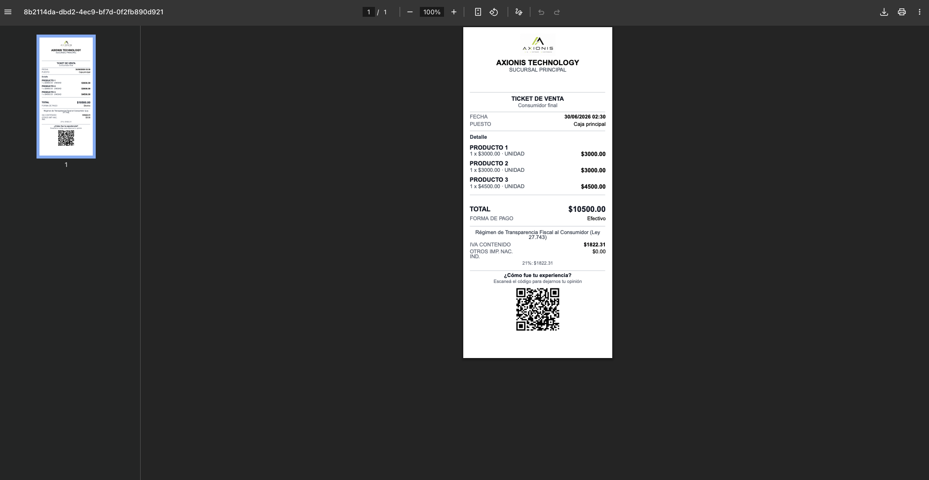 Ticket de venta generado por Axionis Punto de Venta